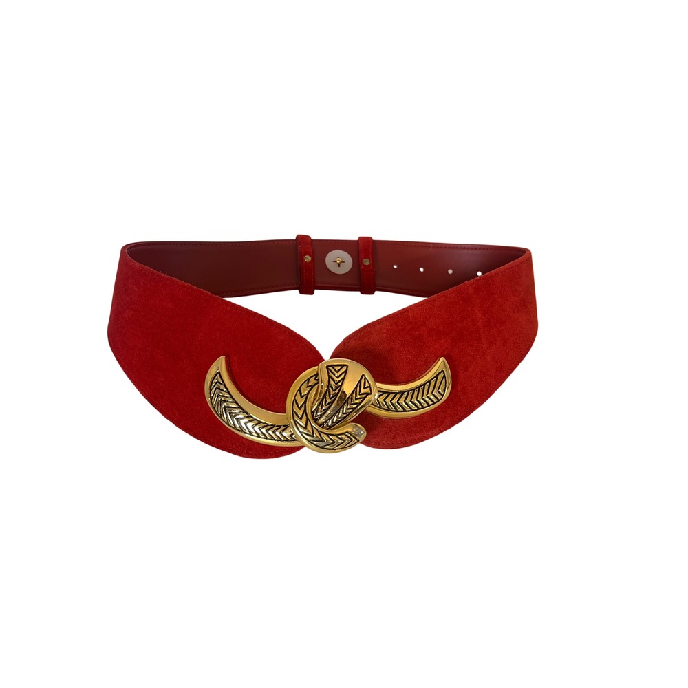 Vintage Red Suede Leather Wide Waist Belt Gold Tone Sculptural Buckle Art 9449